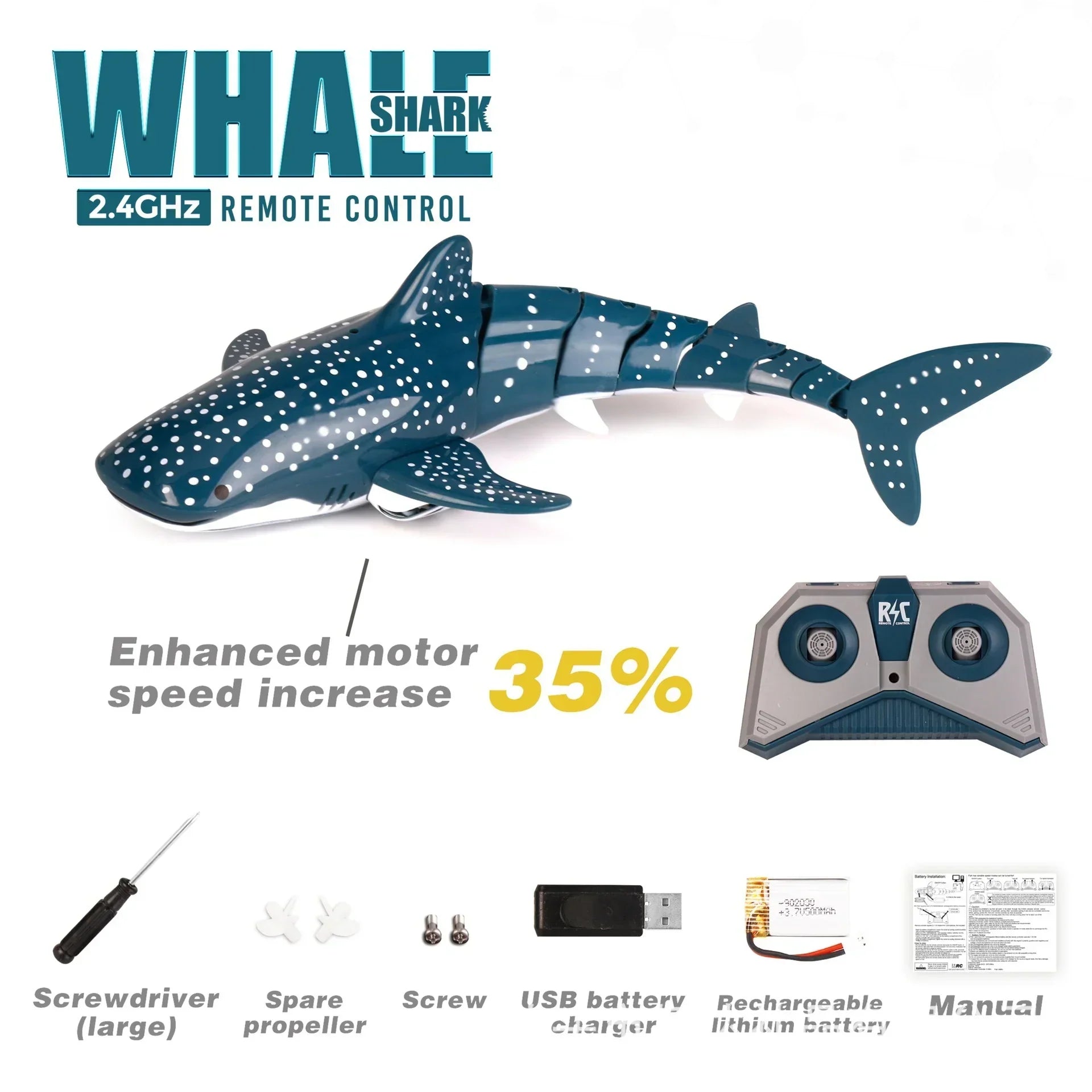 Remote control blue whale shark toy with realistic design, included controller and accessories