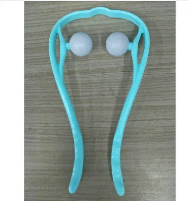 Light blue plastic handheld neck massager with dual white rollers on a wood surface