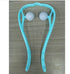Light blue plastic handheld neck massager with dual white rollers on a wood surface