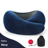 Navy blue memory foam travel neck pillow with mesh panel, soft fabric, ergonomic fit, includes storage bag.