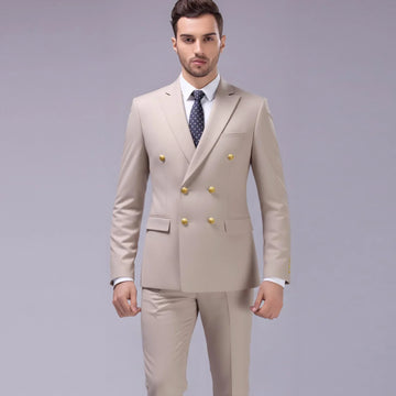 Beige slim-fit double-breasted suit with gold buttons, modern formal men's style