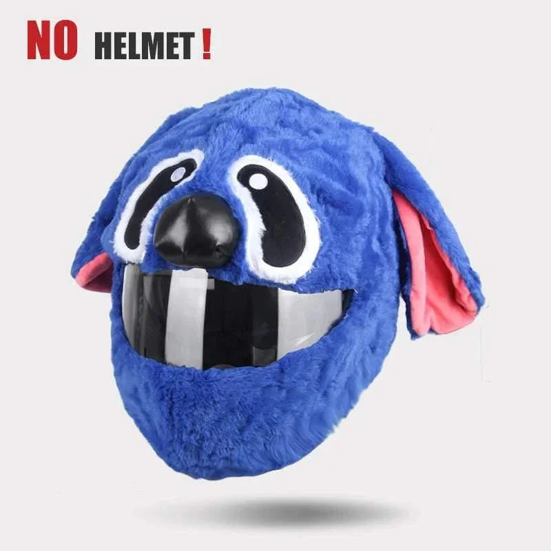 Blue plush cartoon animal helmet cover with large eyes and black visor, soft fuzzy material