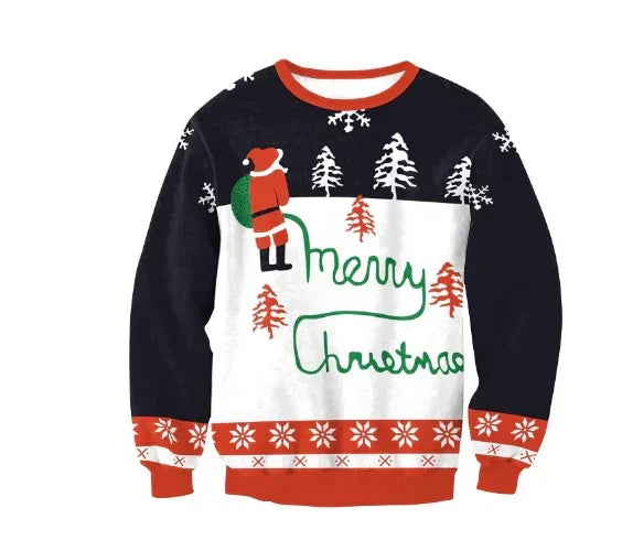 Festive Christmas sweater with red, black, and white colors, relaxed fit, playful Santa graphic, snowflake patterns, and 'Merry Christmas' text.