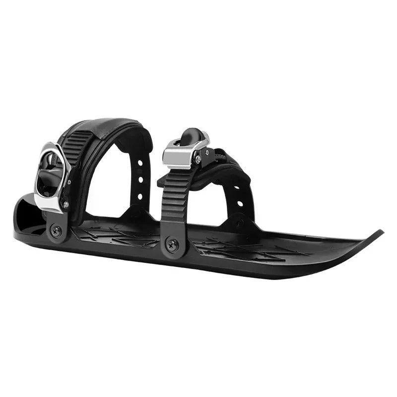 Black plastic mini snowboard with adjustable foot straps and textured footbed