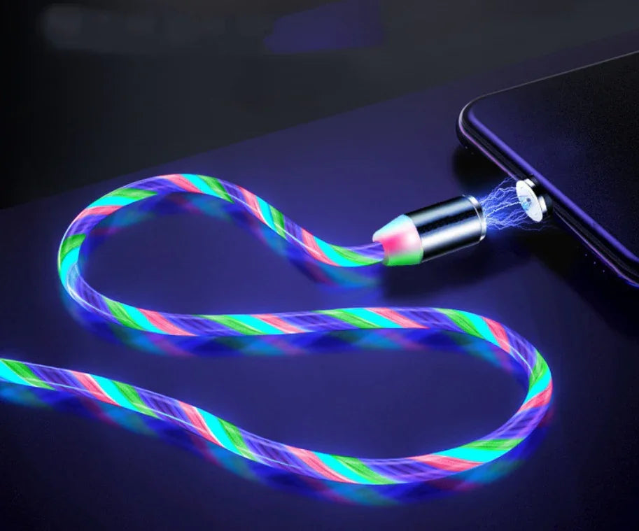 Glowing LED charging cable with magnetic connector, braided multicolor design, plugged into a phone