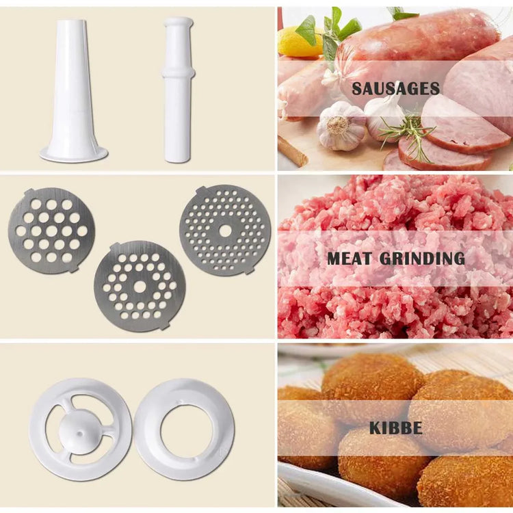Meat grinder accessories for sausages, meat grinding, and kibbe, with plastic and metal parts.