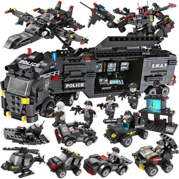 Black tactical-themed building block set with armored vehicles, helicopters, and action figures.