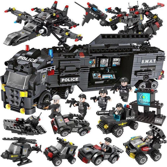 Black tactical-themed building block set with armored vehicles, helicopters, and action figures.