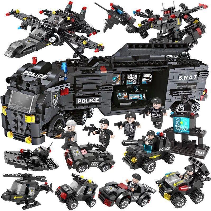 Black police-themed building block figures wearing tactical uniforms, vests, and cargo pants.