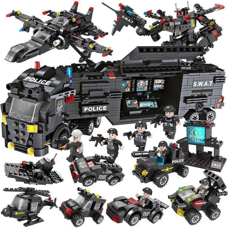 Black police-themed building block figures wearing tactical uniforms, vests, and cargo pants.