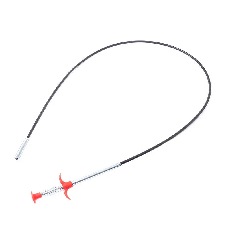 Flexible metal pickup tool with a red spring handle on a white background