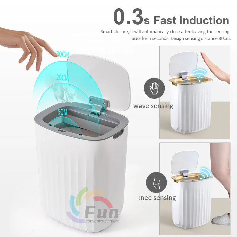 White touchless trash can with automatic lid and wave or knee motion sensor opening