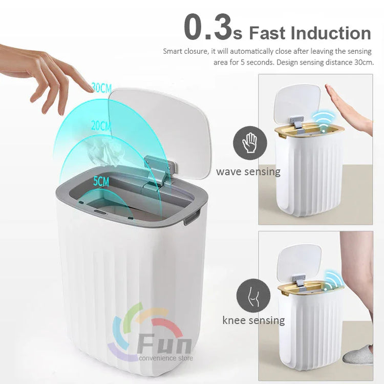 White touchless trash can with automatic lid and wave or knee motion sensor opening