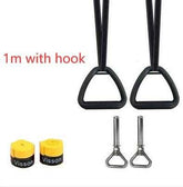 Black nylon fitness handles with metal hooks, yellow wrist wraps, and mounting hardware set.