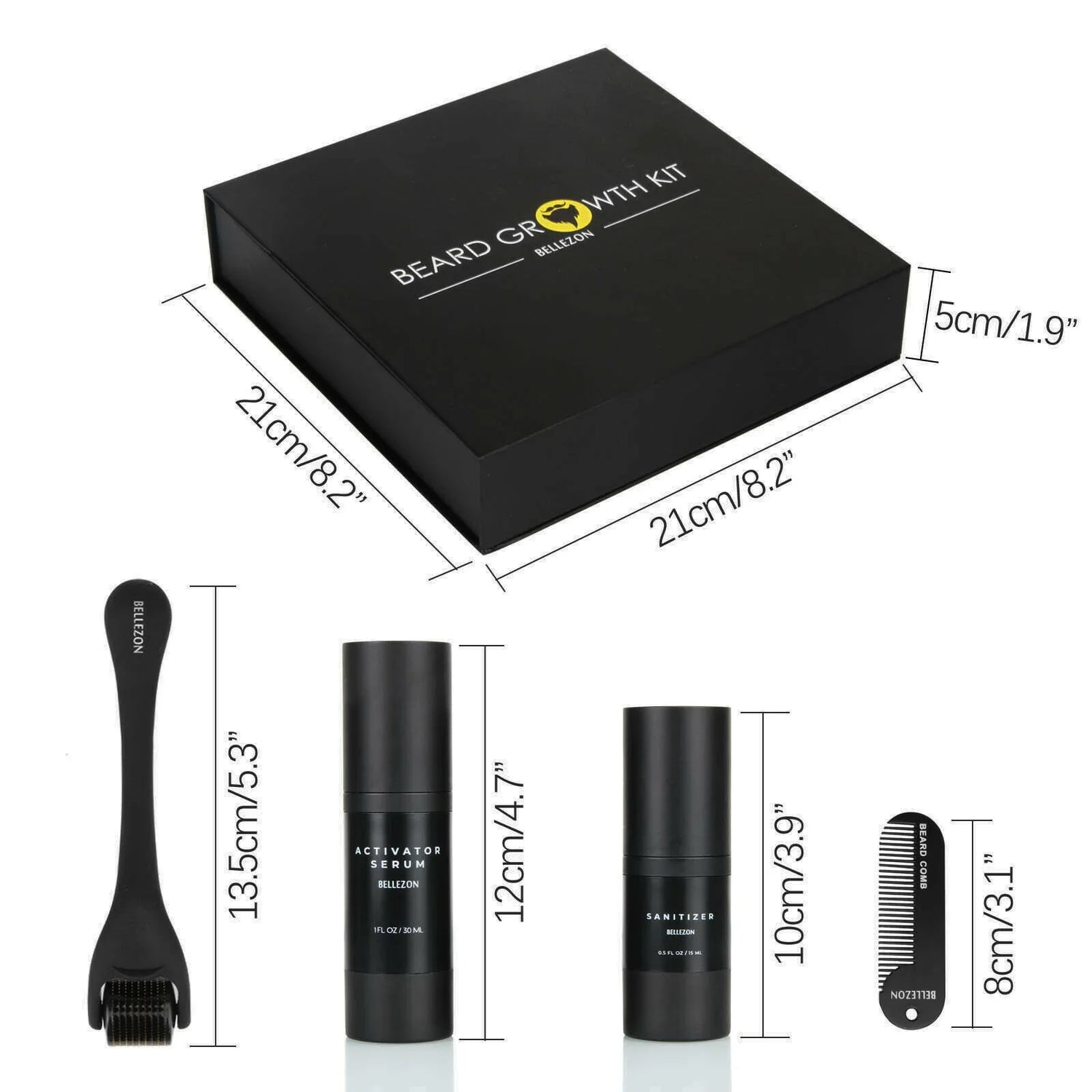 Black beard growth kit with serum, sanitizer, roller, and comb, displayed with size measurements.