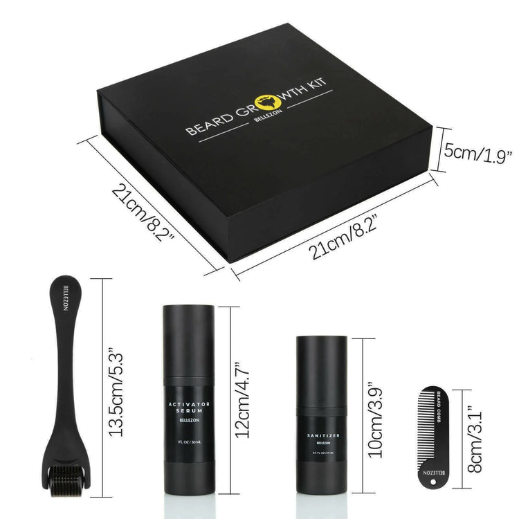 Black beard growth kit with serum, sanitizer, roller, and comb, displayed with size measurements.