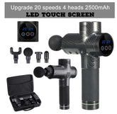 Carbon fiber massage gun with LED touch screen, four interchangeable heads, and carrying case