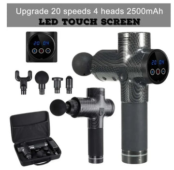 Carbon fiber massage gun with LED touch screen, four interchangeable heads, and carrying case