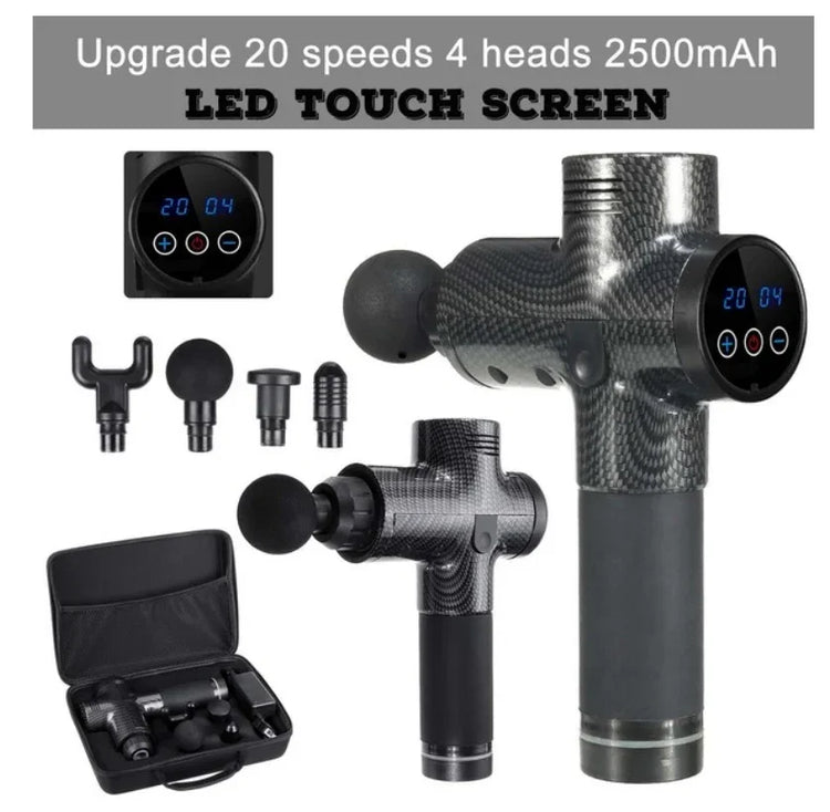 Carbon fiber massage gun with LED touch screen, four interchangeable heads, and carrying case