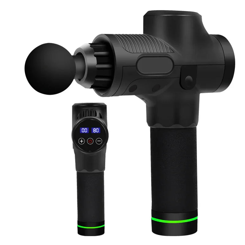 Black handheld massage gun with LED display, matte finish, and ergonomic grip