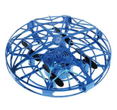Blue circular drone with protective plastic cage and black propellers