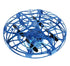 Blue circular drone with protective plastic cage and black propellers