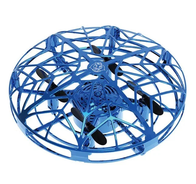Blue circular drone with protective plastic cage and black propellers