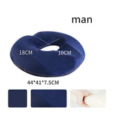 Navy blue round memory foam cushion with central hole, soft velvet cover, ergonomic design