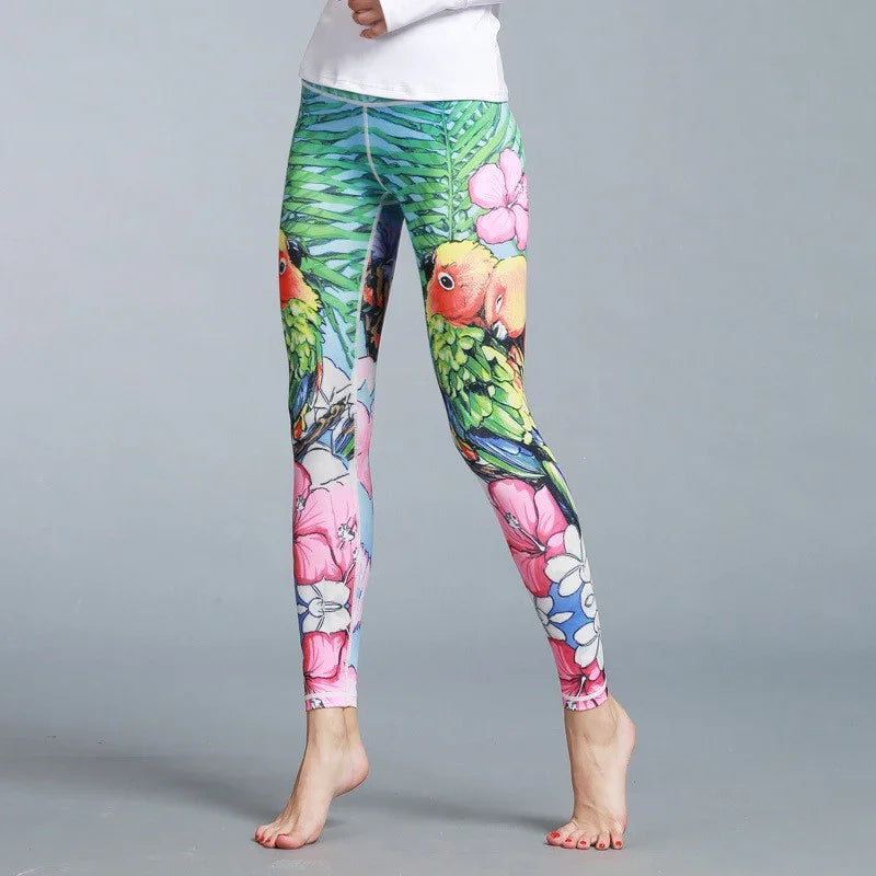 Colorful tropical print leggings with parrots, flowers, slim fit, soft stretch material