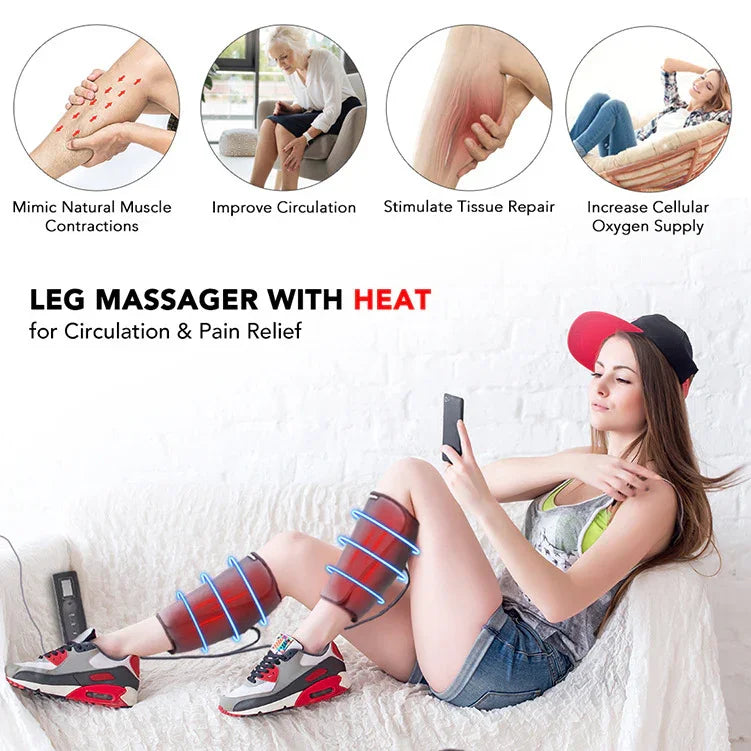 Woman wearing heated leg massager wraps, casual streetwear, relaxing on sofa.