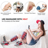 Woman wearing heated leg massager wraps, casual streetwear, relaxing on sofa.