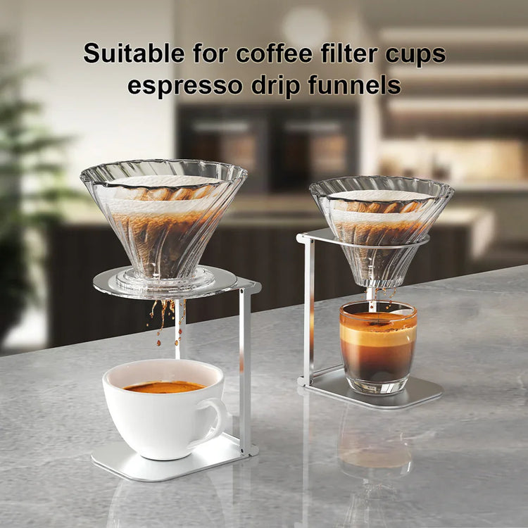 Glass pour-over coffee drippers with metal stands brewing into white ceramic and glass cups