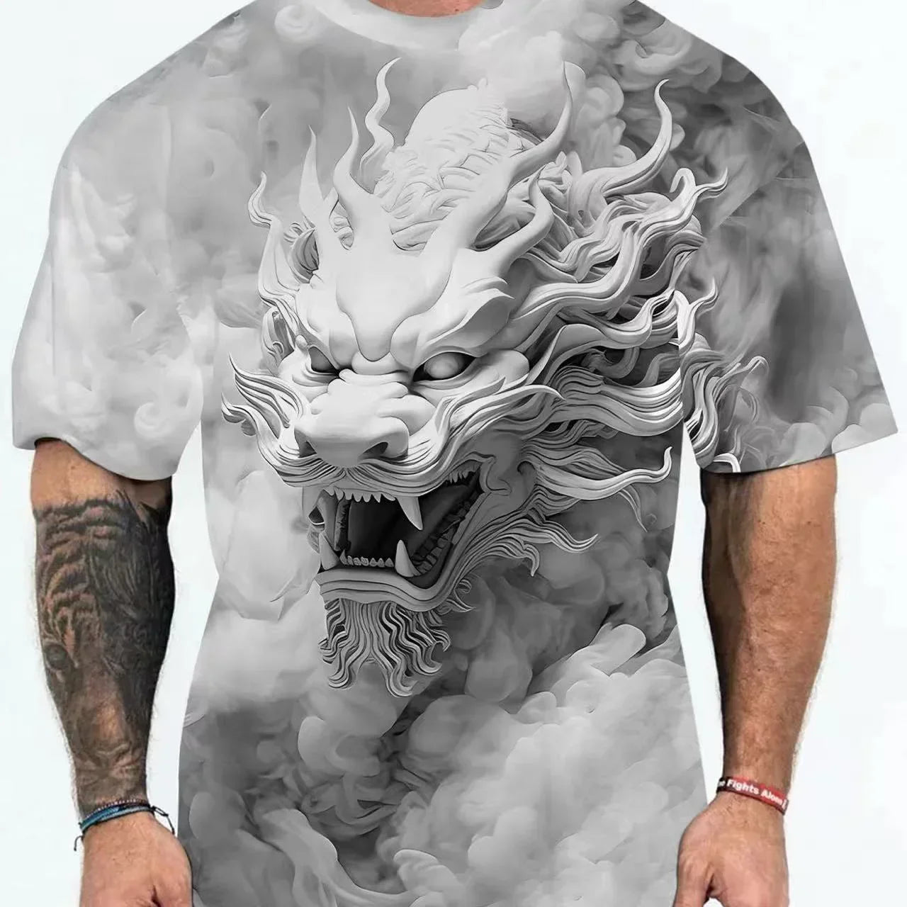Oversized gray t-shirt with bold 3D dragon graphic, short sleeves, relaxed streetwear fit