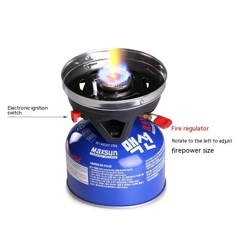 Portable butane gas camping stove with electronic ignition and adjustable fire regulator