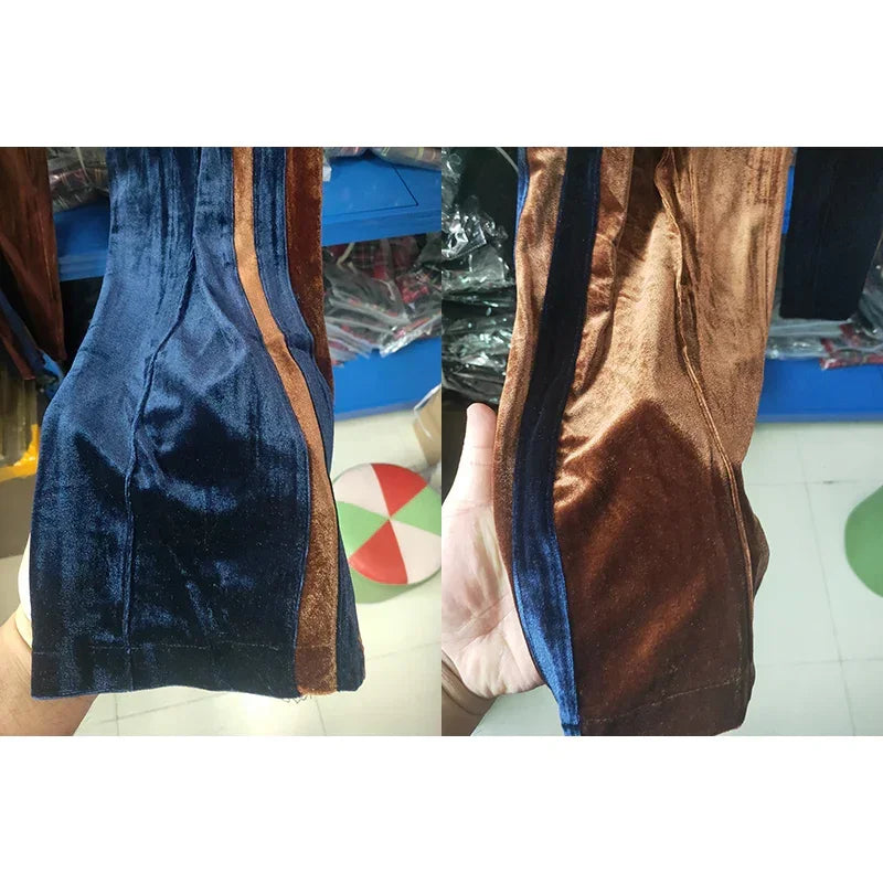 Close-up of velvet pants with blue and brown colorblock design and relaxed fit