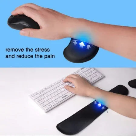 Black ergonomic wrist rest pads for keyboard and mouse, shown supporting hands on white keyboard