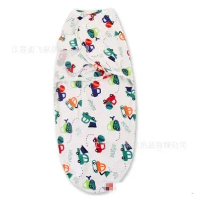 Soft cotton baby swaddle blanket with colorful cartoon car print, adjustable fit, white base
