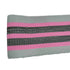 Close-up of a stretch fabric band in grey with pink and black stripes, ribbed texture