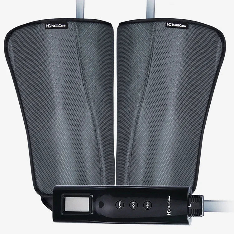 Gray mesh leg massager sleeves with electronic control panel, adjustable fit