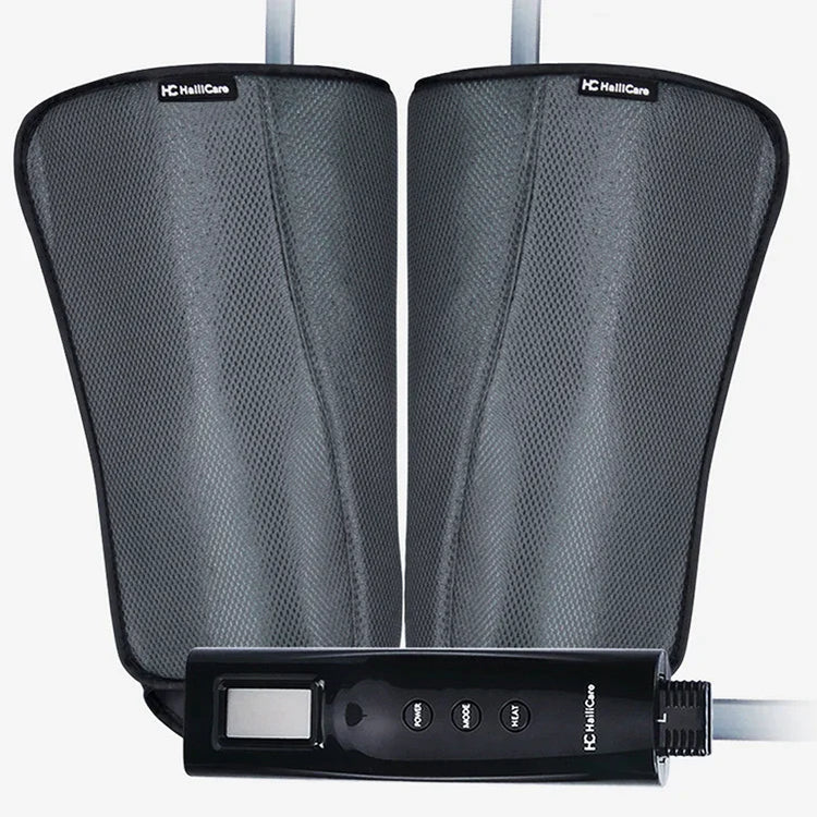 Gray mesh leg massager sleeves with electronic control panel, adjustable fit