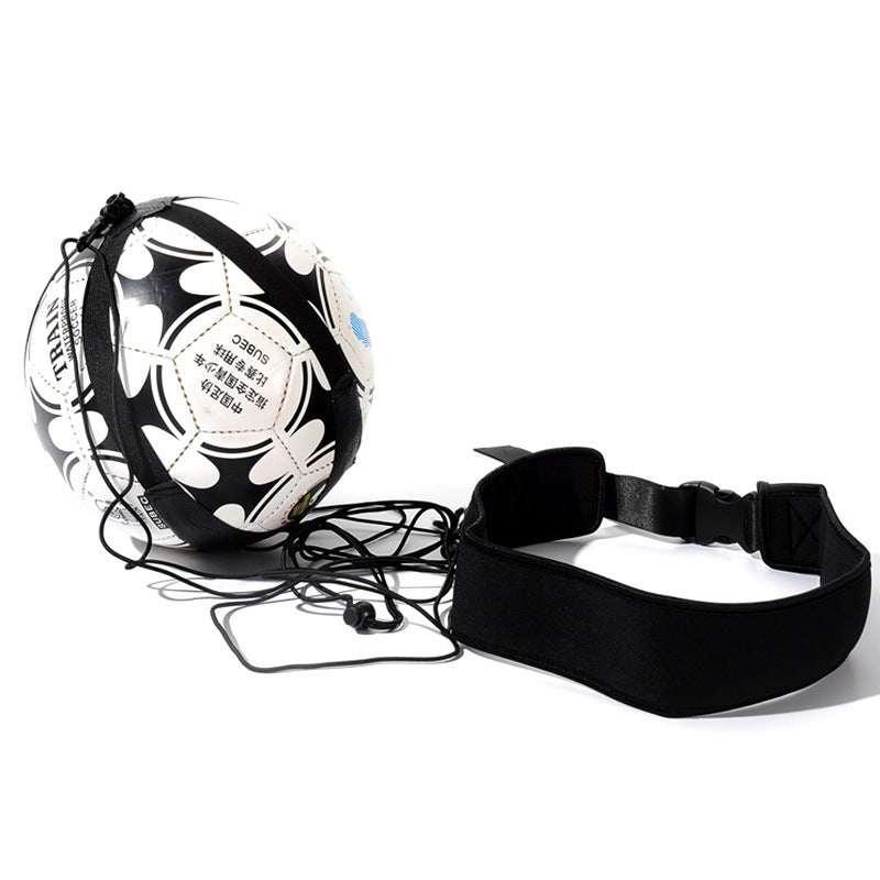 Black and white floral soccer ball with adjustable training belt and cord, isolated on white