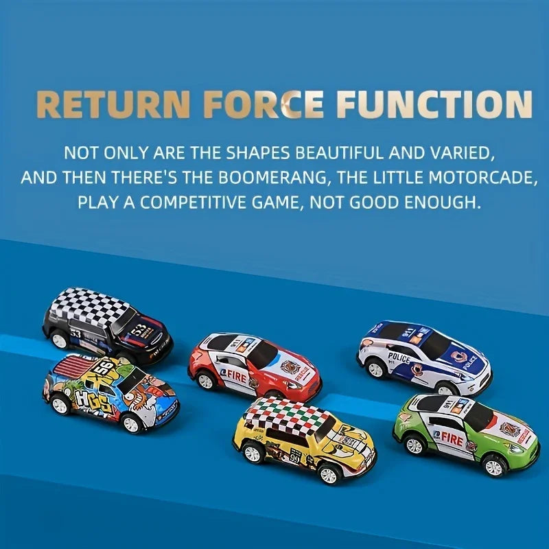 Six colorful toy cars with racing, fire, and police designs on a blue background.
