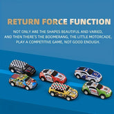 Six colorful toy cars with racing, fire, and police designs on a blue background.