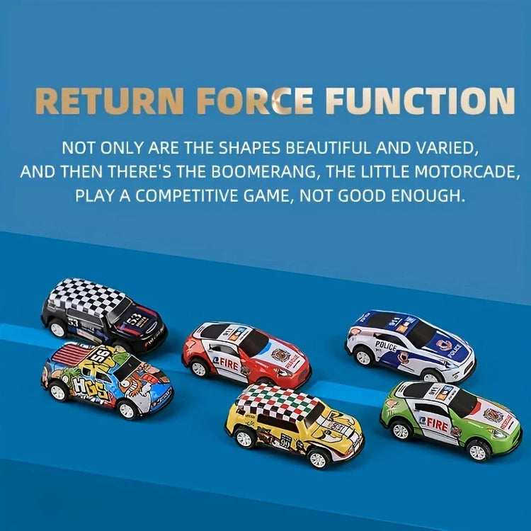 Six colorful toy cars with racing, fire, and police designs on a blue background.