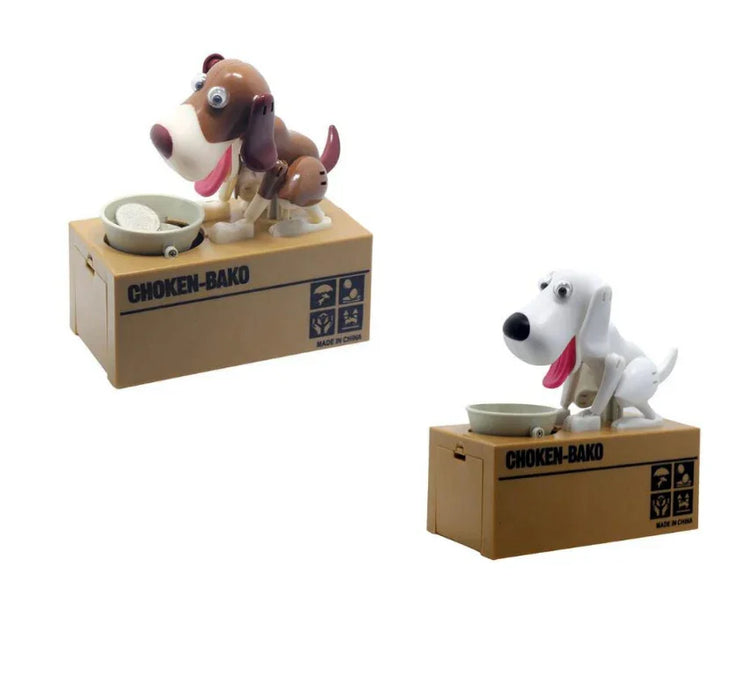 Toy dog coin banks with brown and white, and all-white dogs on rectangular boxes.