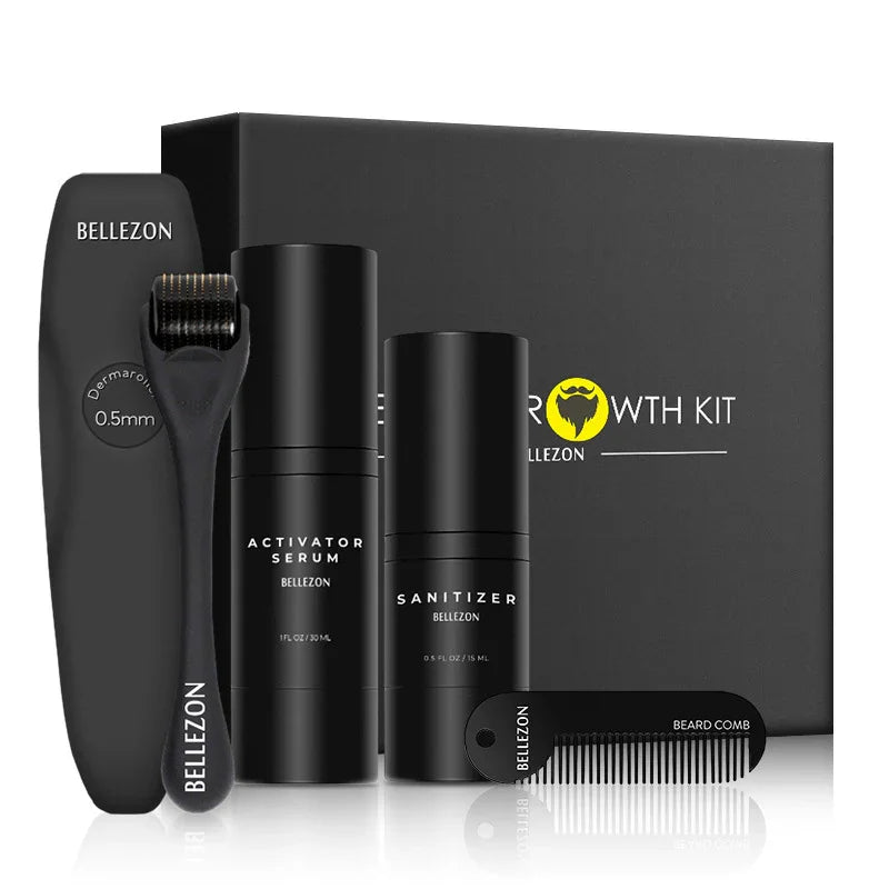 Black beard care kit with derma roller, activator serum, sanitizer, and comb.