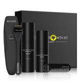 Black beard care kit with derma roller, activator serum, sanitizer, and comb.