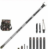 Telescopic multi-tool hiking stick with black grip sections, detachable tools, and camo carry bag.