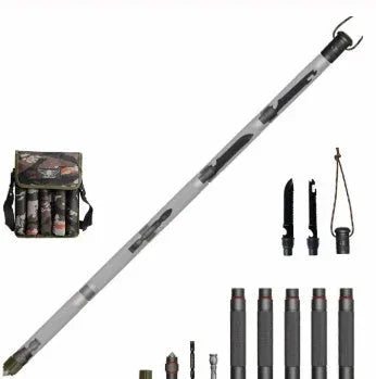 Telescopic multi-tool hiking stick with black grip sections, detachable tools, and camo carry bag.