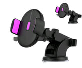 Black adjustable phone holder with purple grip pads and suction base, suitable for car dashboard or windshield.